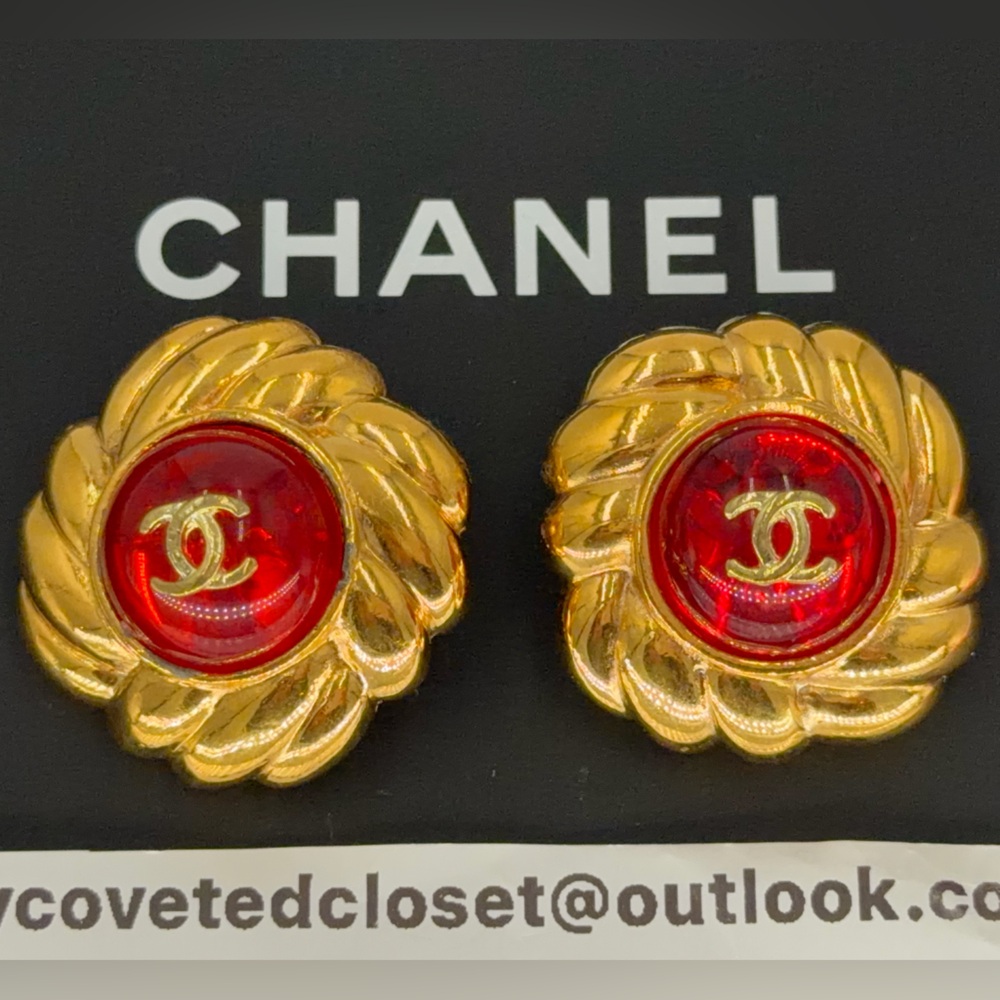 CHANEL Vintage Gold and Red Gripoix CC Mark Clip-On Earrings w/COA! 💛❤️
